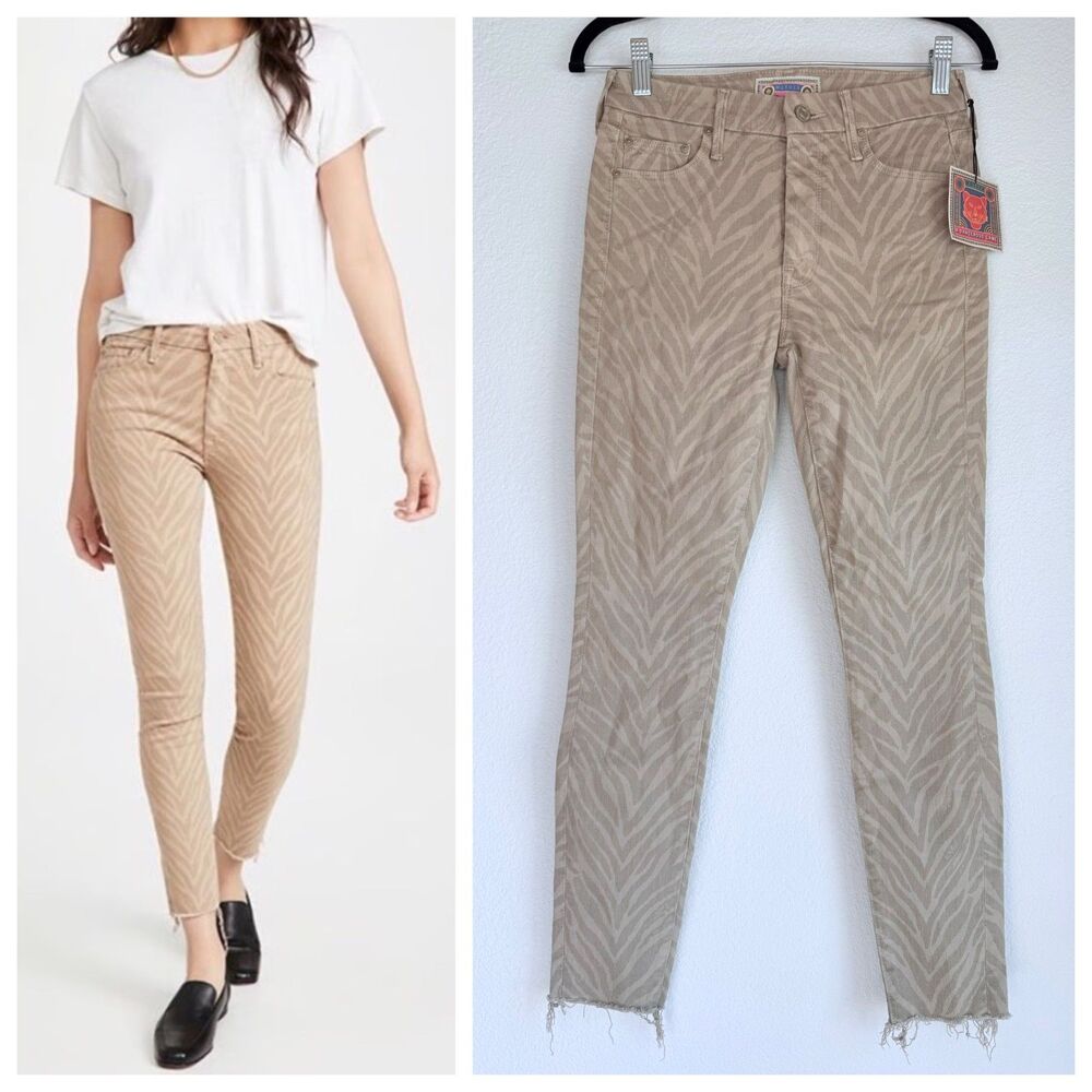 NEW MOTHER The Looker Ankle Fray Sweet Stripes Skinny Animal Print Jeans in Tan